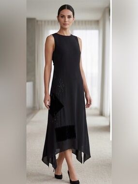 J.Jill Beaded Dress sz 2P Asymmetrical Hem Beads Velvet Accents & Trim